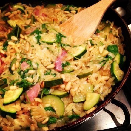 Orzo with Courgettes, Pine Nuts and Bacon